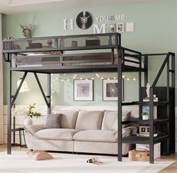 Black Metal Twin XL Loft Bed w/ Stairs and Shelves