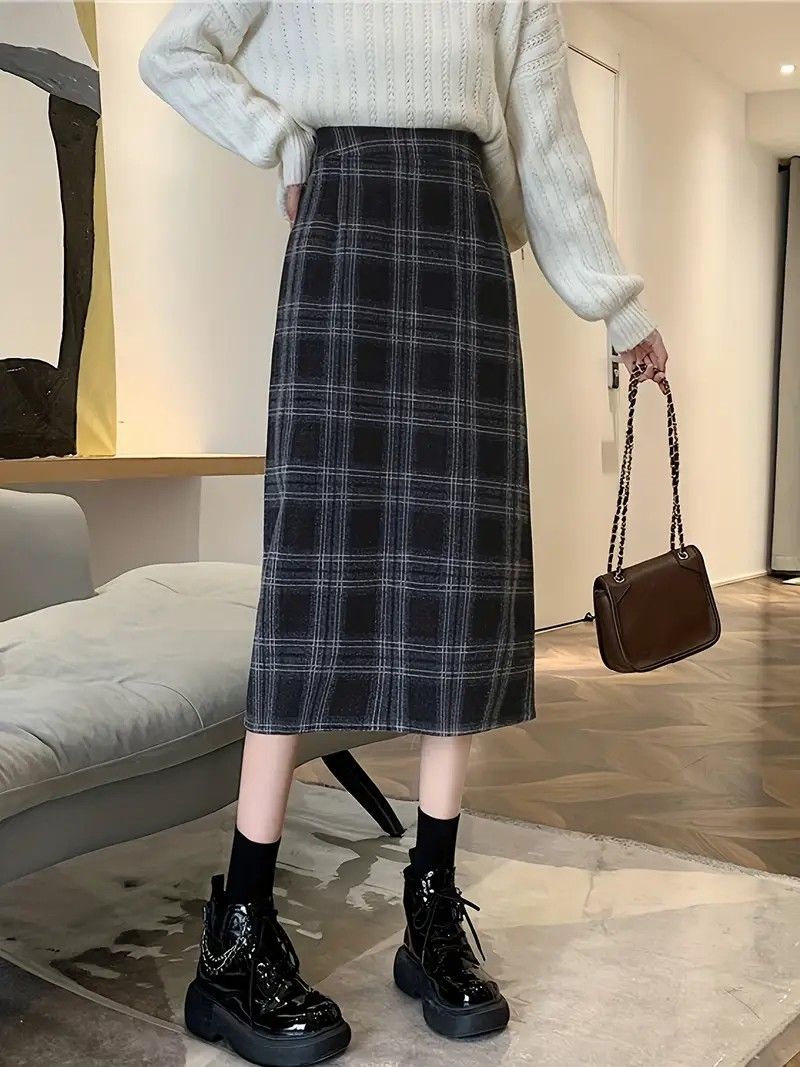 Plaid Print High Waist Wool Skirt