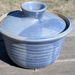 Signed Studio Pottery Blue Glazed Lidded Bowl by Jim Handcrafted Stoneware