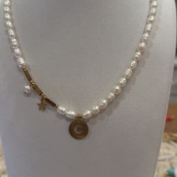 Moon Charm Necklace with White Beads, Star & Pearl – Brand New