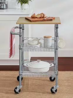Gatefield Small Chrome with Natural Wood Top Metal Rolling Microwave Kitchen Cart with Tiered Shelves (24" W)