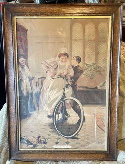 Antique 1897 C. E. Amyot Risqué Print Of Man Grabbing Women On Bicycle Oak Frame Perfect For Man Cave Or Pool Table Room