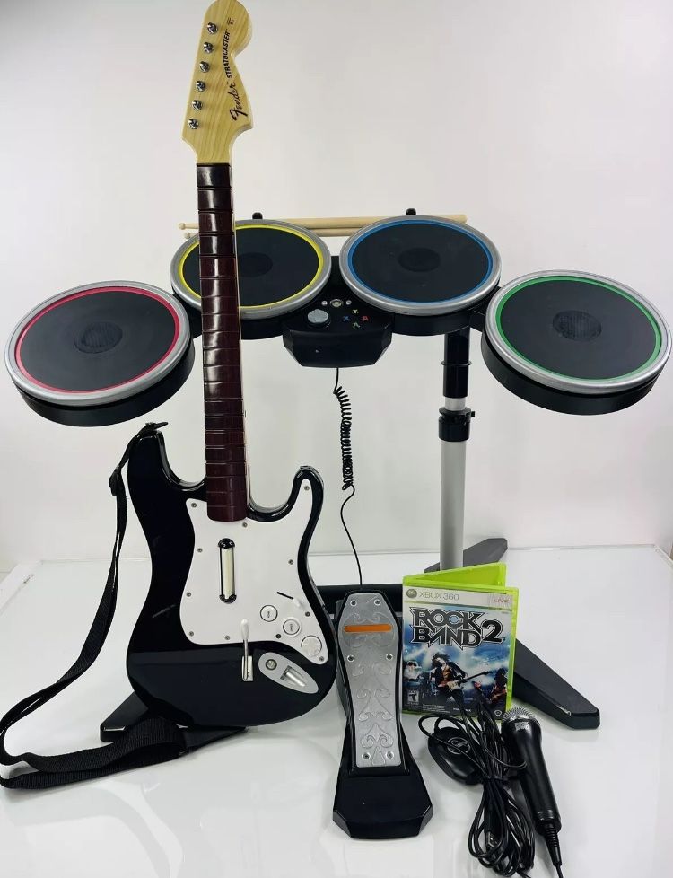Xbox 360 Rock Band 2 Drum Set Guitar Fender Bundle Mic Game