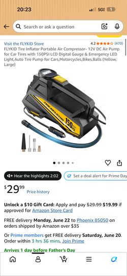 New FLYKID Tire Inflator Portable Air Compressor- 12V DC Air Pump for Car Tires with 150PSI LCD Digital Gauge & Emergency LED Light,Auto Tire Pump for