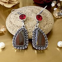 Iron Tiger Eye And Garnet 925 Sterling Silver Overlay Handcrafted Earrings
