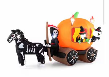 10.2 ft Long Halloween Inflatable Carriage LED Lighted Carriage with Pumpkin 2 Ghosts Witch