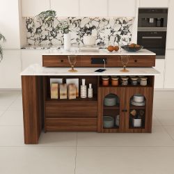Kitchen Island with Extendable & Rotating Table, MDF with Walnut Veneer Retro Design, 4 Drawers & Glass Door Cabinets with Built-in Socket, Expandable