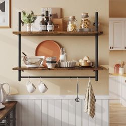 Industrial Pipe Shelf 31 Inch Wall Mounted Coffee Bar Shelf with Hooks Towel Bar