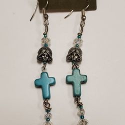 Faux Turquoise Cross Earrings With Female Face Accent And Beads