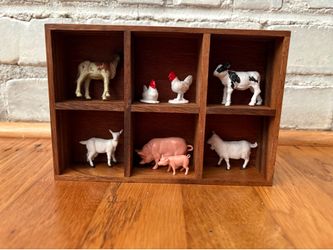 Vintage Wooden Shadow Box with Farm Animal Figurines