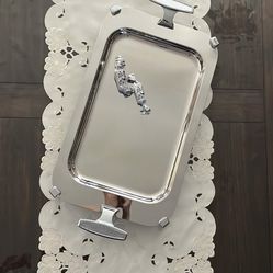 Rectangular silver tray With Rhinestone On Handles And Stands, $45