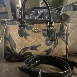 Coach Rowan Satchel Bag In Signature Canvas With Bow Print Tan/Black Multi