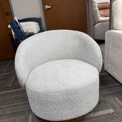White Bouclé Swivel Barrel Chair with Wood Base