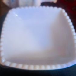 White Milk Glass Square Candy Dish 6 1/2 Square 1 1/2 Deep  Floral Bottom

