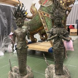 Pair Of Vintage Bronze Naga King And Queen Statues From Thailand