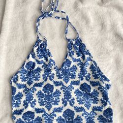 White & Blue Floral Halter Top