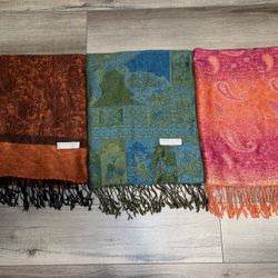 3 Lot Pashmina & Silk Scarf Wrap Shawl 72” X 27”