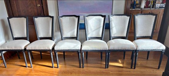 Set of 6 RESTORATION HARDWARE Black Wood Framed Dining Chairs with Linen Upholstery