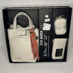 Steve Madden 4 Piece Gift Set W Mini Tote, Scarf Keychain, Earbud and Card Case
