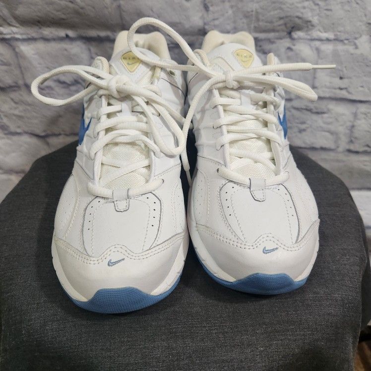 Nike Womens White & Blue Air Monarch IV Training Shoes Size 10 Leather Upper Athletic Sneakers