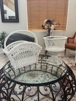 Vintage white wicker/rattan accent pieces – coastal cottage décor