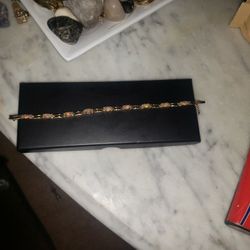 14k/Sterling Silver Fire Opal & Diamond Tennis Bracelet 9.8g 7"L
