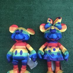 NWT Disney Rainbow Pride Mickey & Minnie Mouse Stuffed Plush Animals Sz:17”