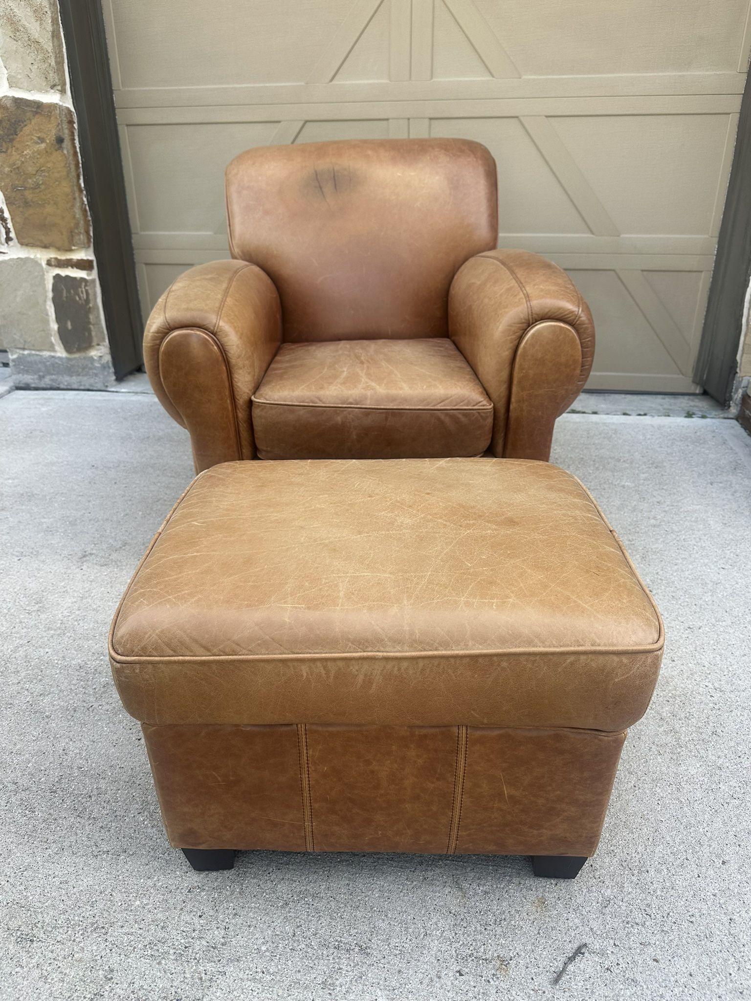 (It’s Available) Manhattan Rolled Arm Moustache Leather Club Chair and Ottoman By American Leather