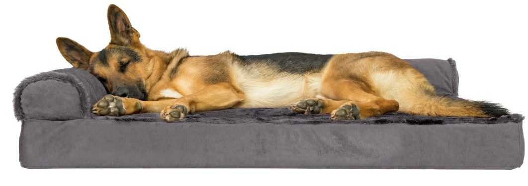 FurHaven Pet Dog Bed | Deluxe Orthopedic Plush & Velvet L-Shaped Chaise Couch Pet Bed for Dogs & Cats, Platinum Gray, Jumbo