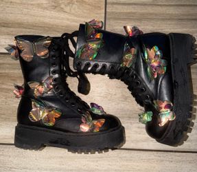 Club Exx Black Platform Combat Boots with Holographic Butterflies