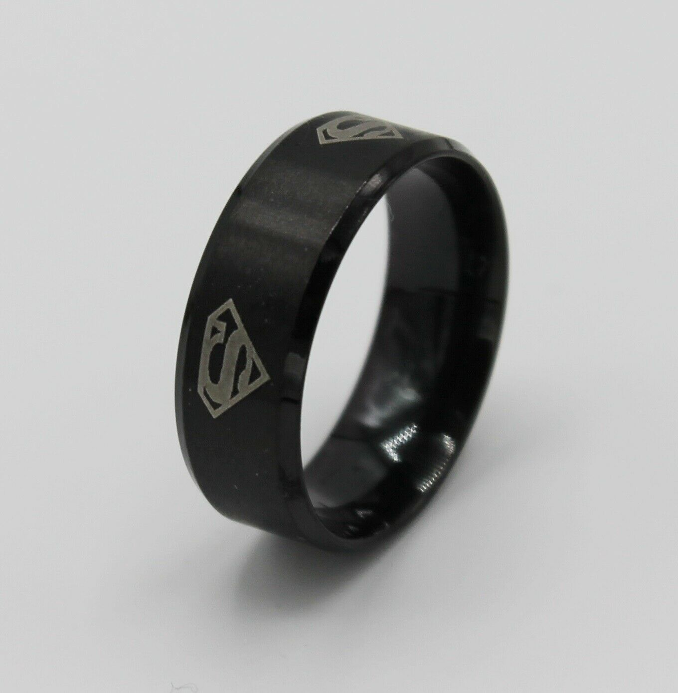 Black stainless steel mens wedding band size 9 Superman