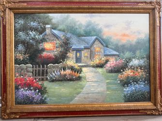 Large Ornate Framed Cottage Landscape Wall Art – 43" x 31"