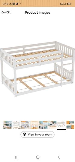JOYMOR Solid Wood Low Twin Over Twin Bunk Bed for Kids/Junior, Bunk Bed Frame with Guardrails & Ladder for Boys Girls, No Box Spring Needed (White