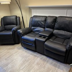 3 Piece Black Leather Recliner Sofa Set 
