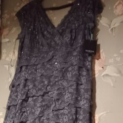 Marina Gunmetal Sequin and Lace Midi Dress