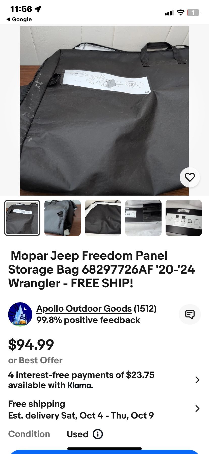 MOPAR JEEP FREEDOM PANEL STORAGE BAG 20’-24’ WRANGLER