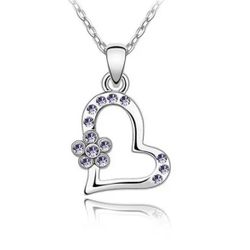 BRAND NEW IN PACKAGE LADIES GIRL'S DAINTY OPEN HEART PURPLE CRYSTAL FLOWER PENDANT SILVER CHAIN NECKLACE - 16"