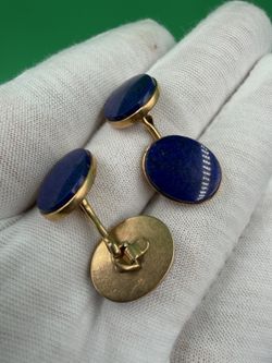 Vintage Antique 14k Gold Cufflink Pair Blue Lapis Lazuli Cabochon
