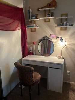 Whole Desk Set (Desk, Chair, Mirror, Flower Desk Lamp, Hanging Shelves)