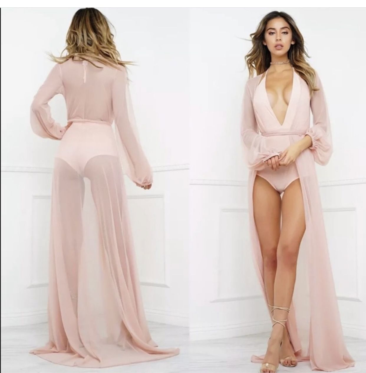 Brand: Want my look, Women sexy lace cover long sleeves up robe in blush color