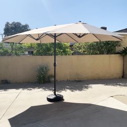 New $130 Large 15 FT Double Sided Outdoor Umbrella with 65 LBS Plastic Weight Base (Beige color) 