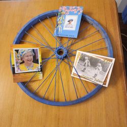 Home / Outdoor Decor - Blue Metal Bicycle Wheel for Display, Photos, Paper Ephemera, etc.