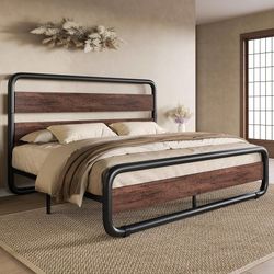 Queen Size Metal Bed Frame with Wooden Headboard, Mahogany Heavy Duty Platform Frame with Under-Bed Storage, Noise Free, No Box Spring Needed  Size Qu