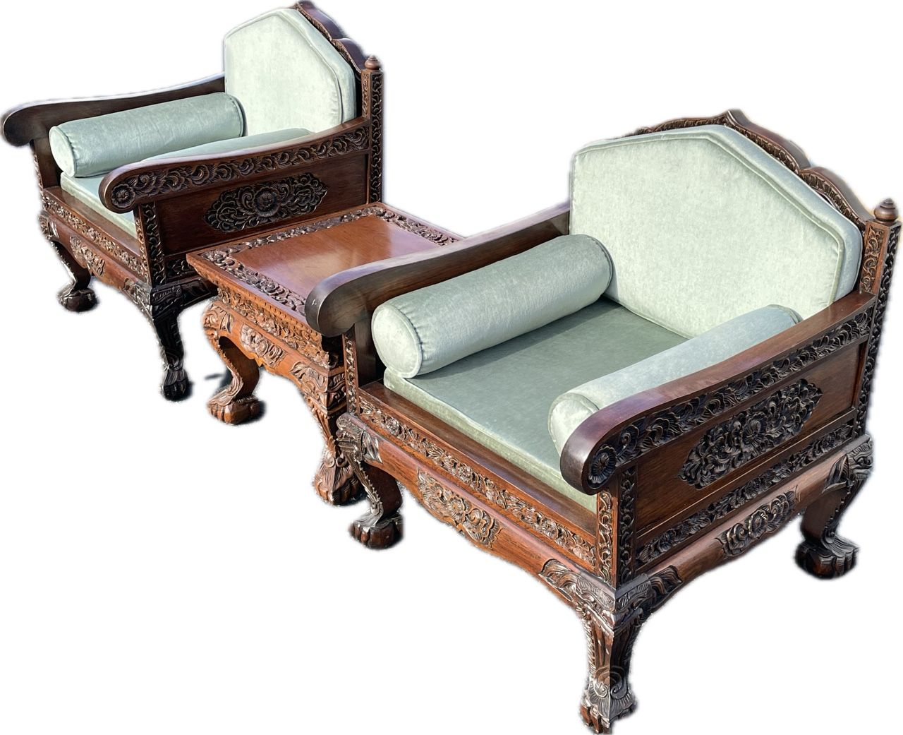 Pair of Vintage Thai Teak Ornately Hand Carved Chairs with Matching End Table