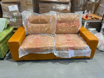 New-New - Faux Tan Leather Loveseat Sofa L: 75”x H: 38” x D: 34
