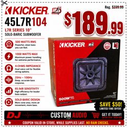 Kicker L7 Solo-Baric Bass Speaker 10" Dual Voice Coil Subwoofer 1000 Watts L7R10 45L7R104 🚨 Payment Options Available 🚨 No Credit Needed 🚨