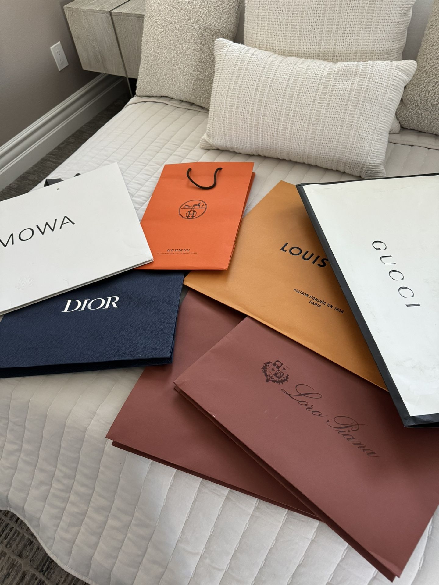 Gucci, Loro Piana, Dior, Louis Vuitton, Rimowa shopping bags