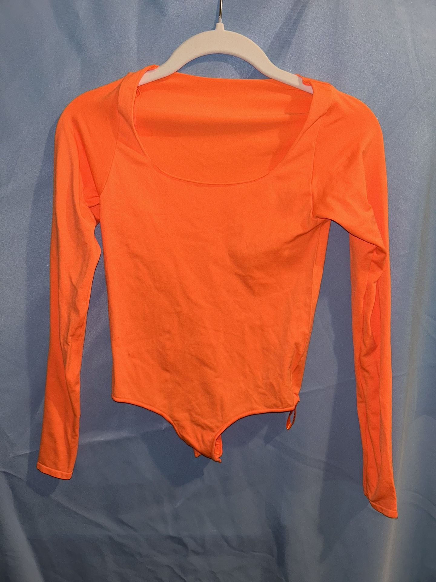 Skims Essential Scoop Neck Long Sleeve Bodysuit Orange Highlighter
