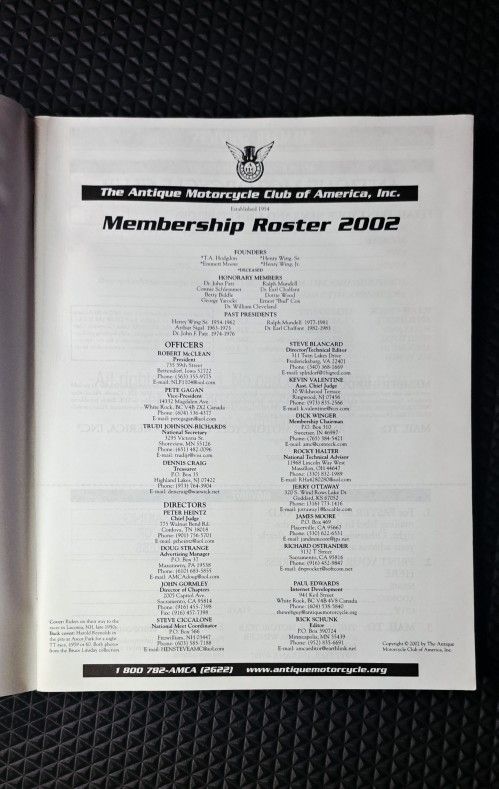 VINTAGE 2000 AMCA Antique Motorcycle Club Membership Roster