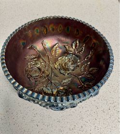 Indiana Glass Iridescent Carnival Glass Rose Pattern Footed Decorative Bowl